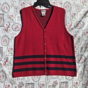 Vintage Liz Baker Red Black Striped V-Neck Button Up Sweater Vest Sleeveless XL